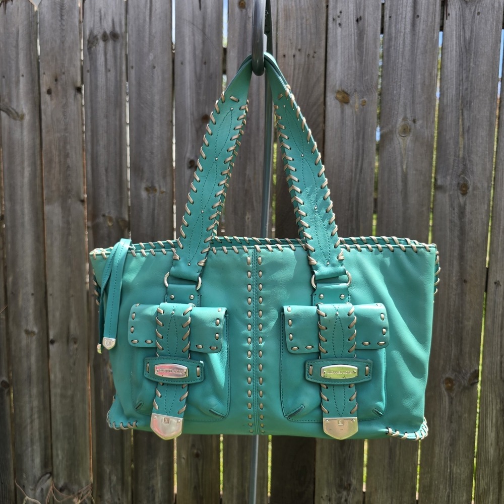 Vtg Y2k Rare Michael Kors Teal Woven Whipstitch Leather Satchel Shoulder Handbag